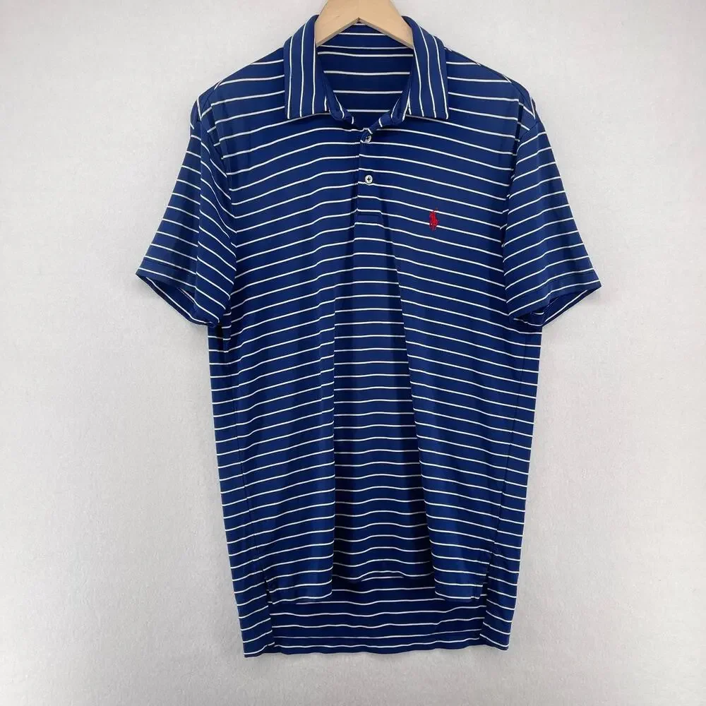POLO RALPH LAUREN Shirt Mens L Striped Polo Golf Performance Short Sleeve Blue
